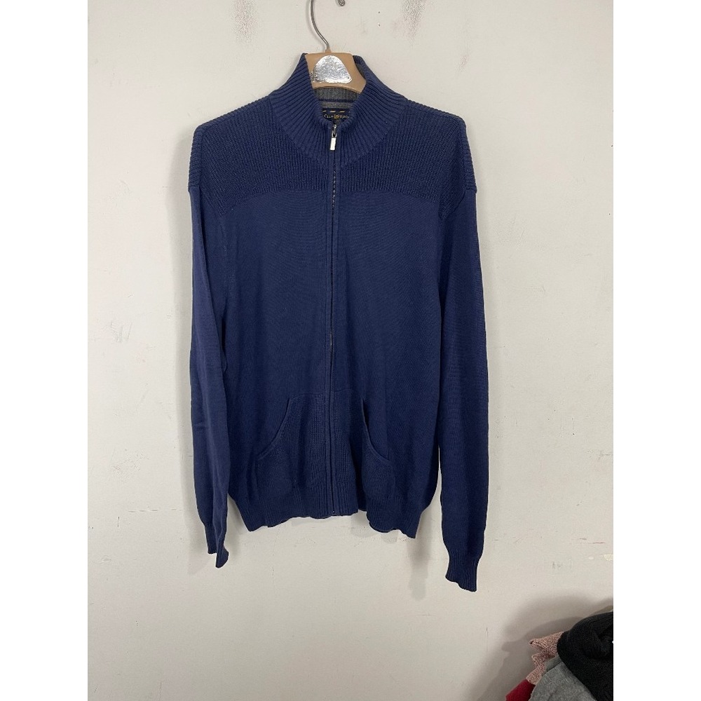 Club Room Mens Sweater Cardigan Large Navy Blue Full Zip Mock Neck Preppy‎ Dad